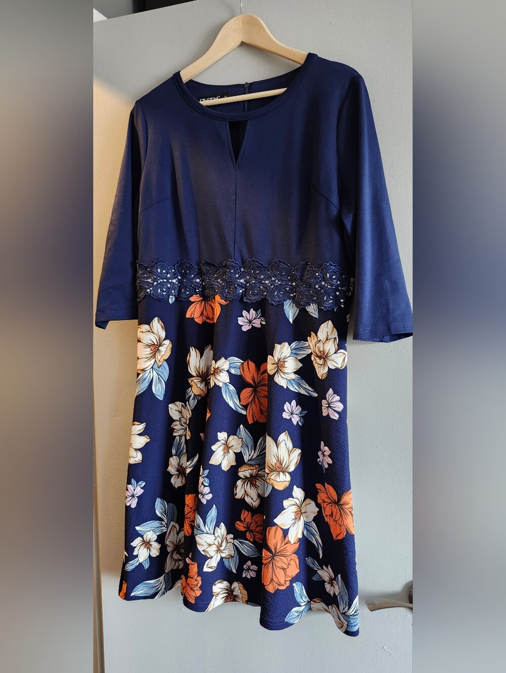 Navy Floral Lace-Trim Women's Dress